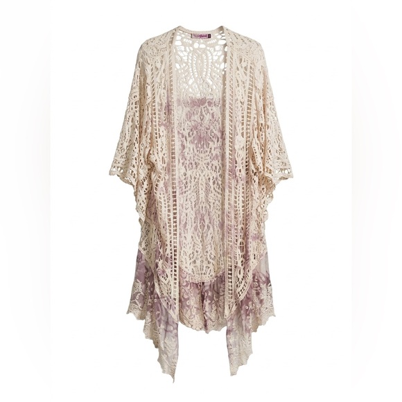 Origami by S&D Boho Lace Duster Cardigan Tie Dye Purple Cream Floral Crochet